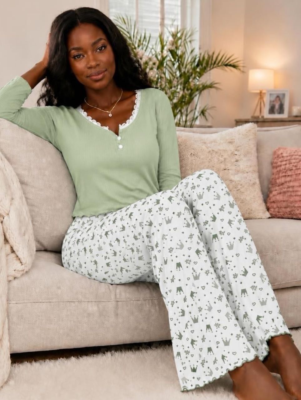 Crown Print Pyjama Set (GREEN)